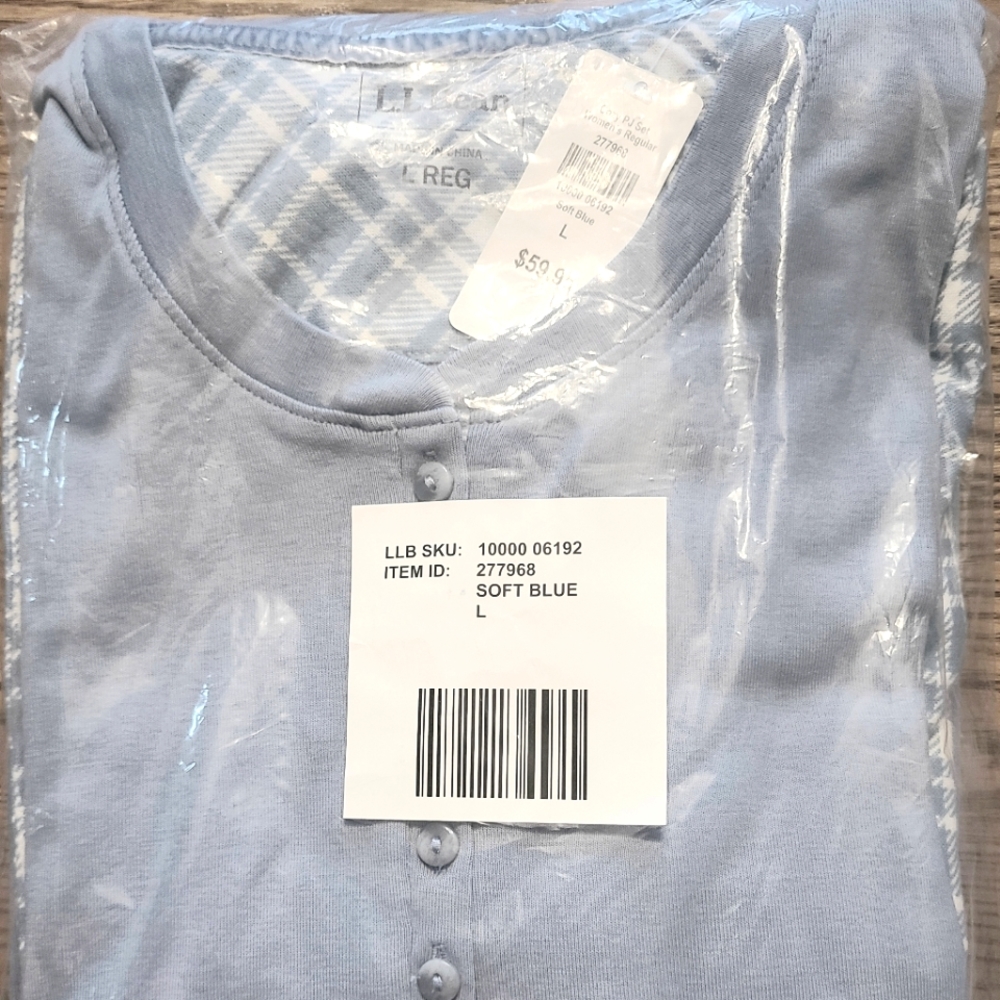 NEW LL Bean 2 pc. Long Sleeve Blue Check Cotton Pajamas Womens Large (14-16) NIP